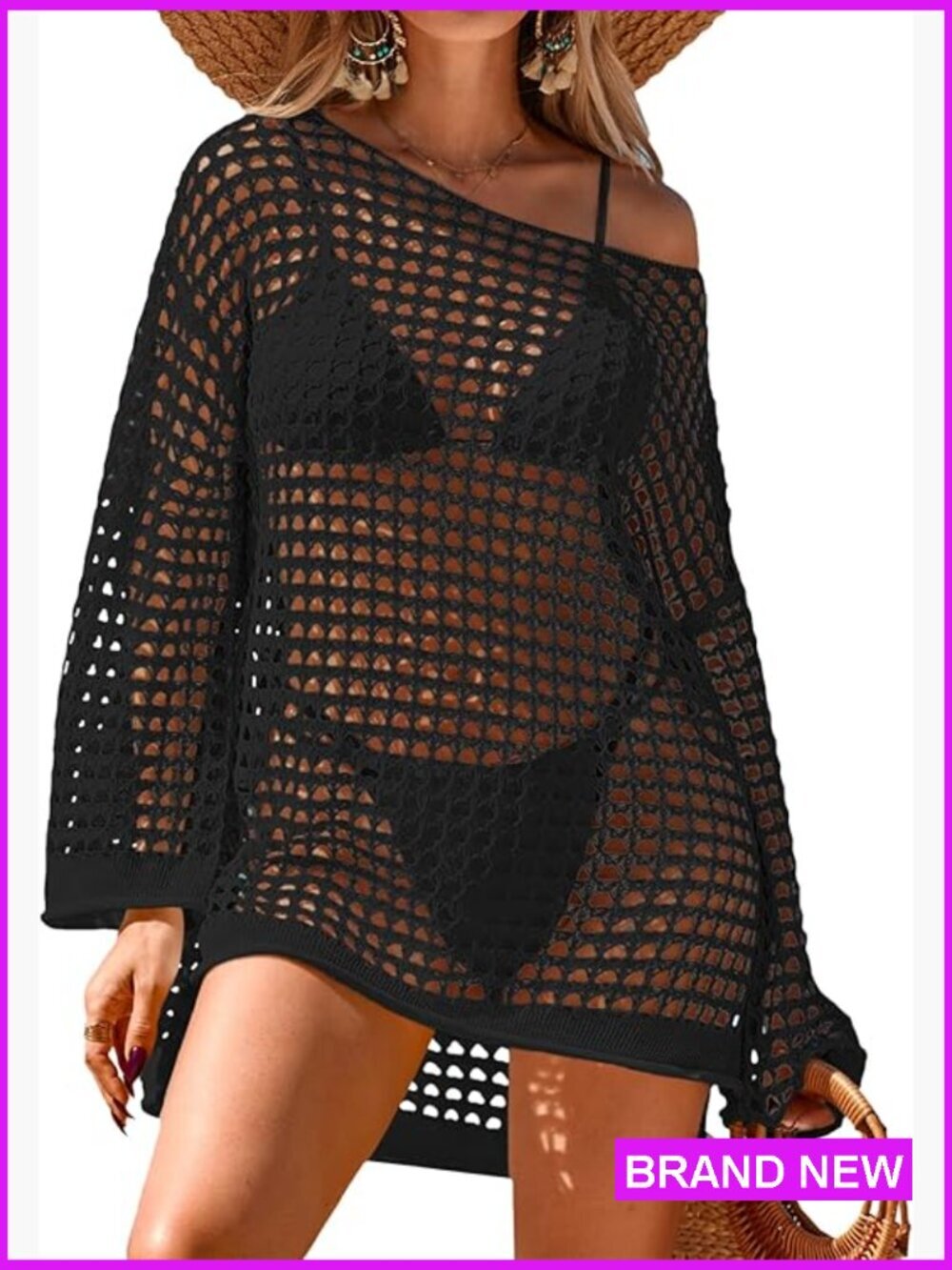 Crochet Swimsuit Cover Up Oversized Mesh Knit Beach Dress Bell Sleeve Boho